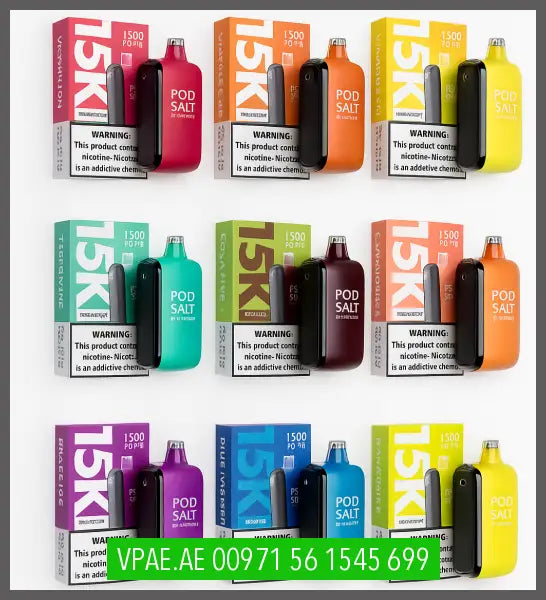 Display of Pod Salt vape devices and packaging in various colors with '15000 Puffs' and '2% Nicotine' text.